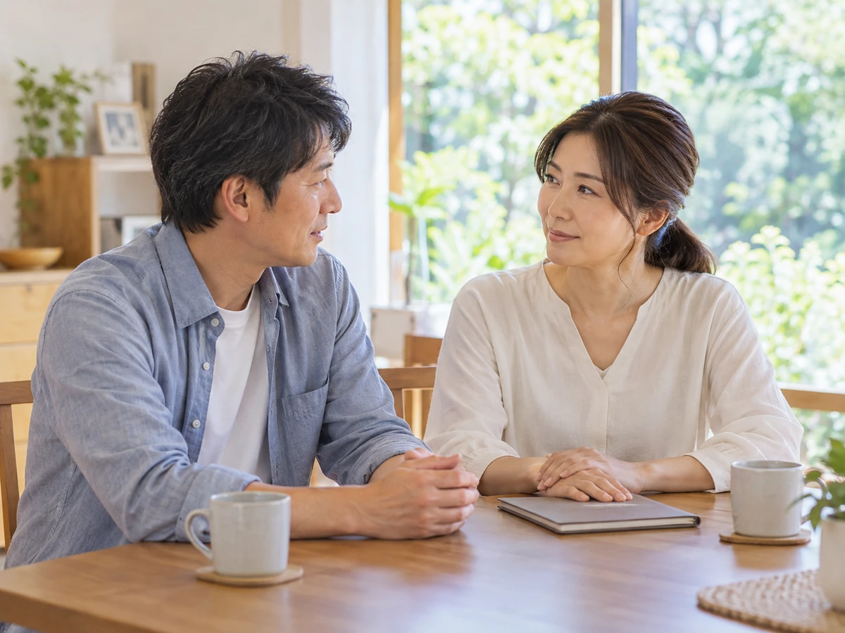 自宅で閉じたノートを前に、男女が落ち着いて話し合う様子