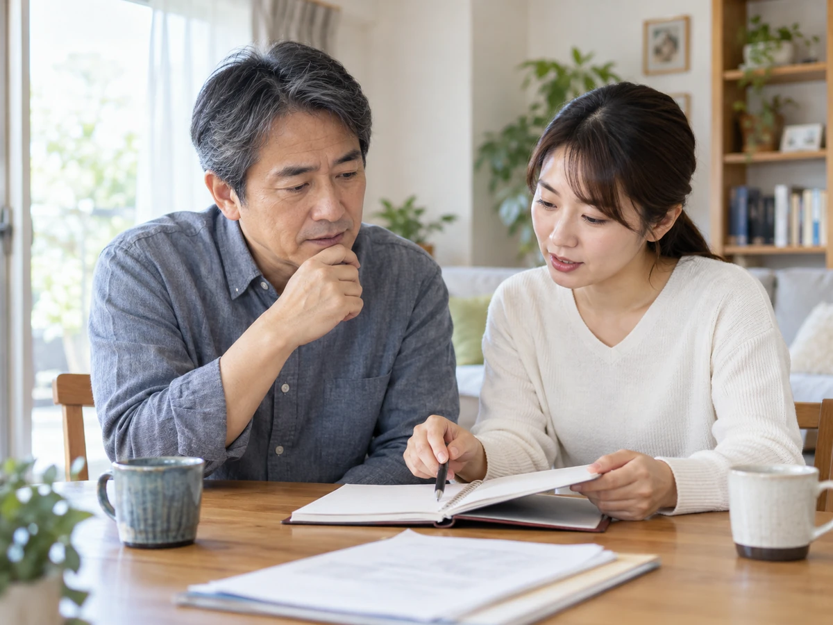 自宅で手帳を一緒に確認する夫婦の写真
