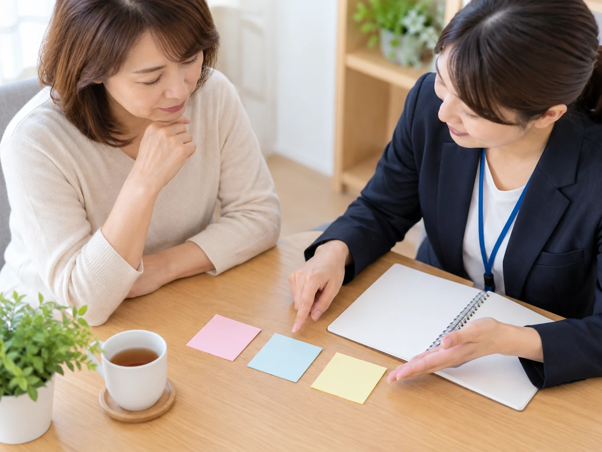 女性と相談員が色の違う付箋を並べて、相談内容を一緒に整理している。