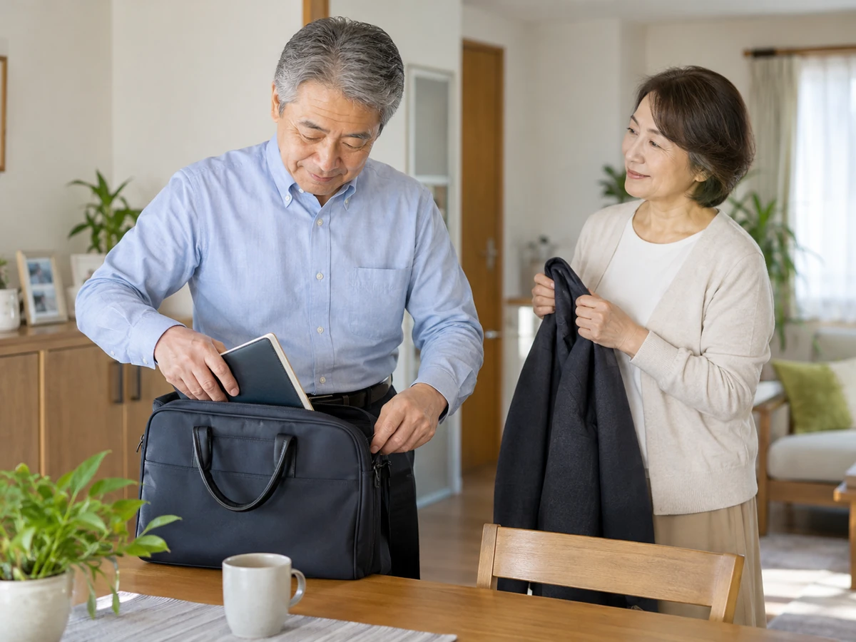 次の診察に備えてノートをかばんに入れる男性と家族のイメージ