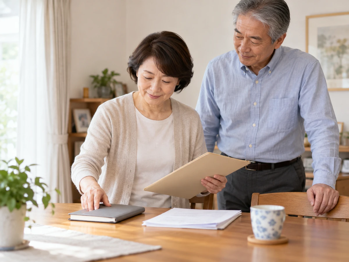 自宅で資料を片付けながら話し合う夫婦