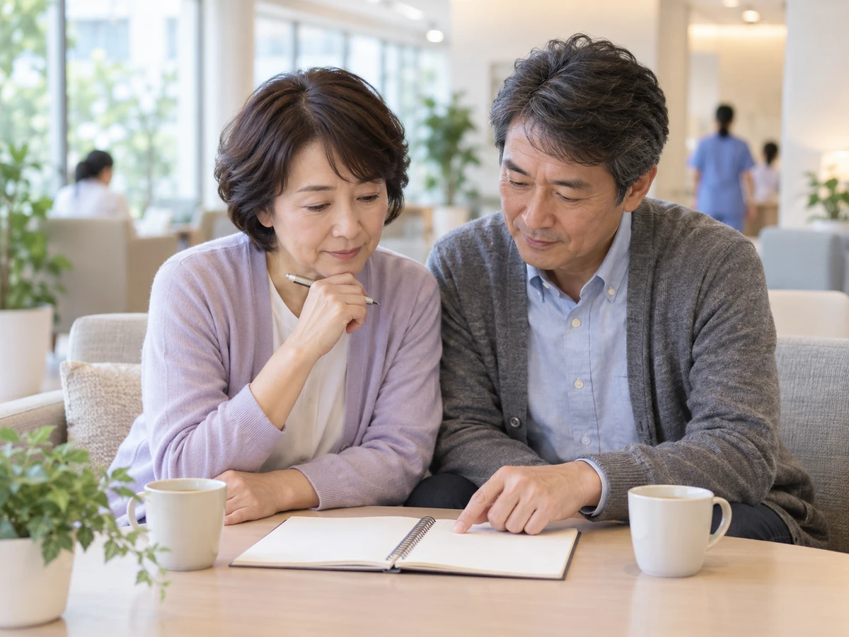 ノートを見ながら今後について話し合う女性と家族の写真