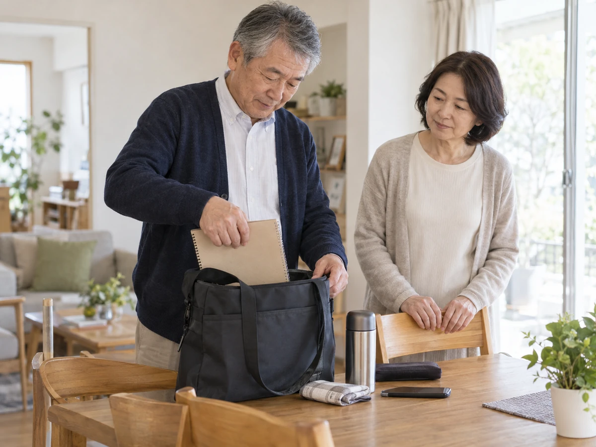 通院に向けてノートをかばんに入れる男性と、そばで見守る家族のイメージ