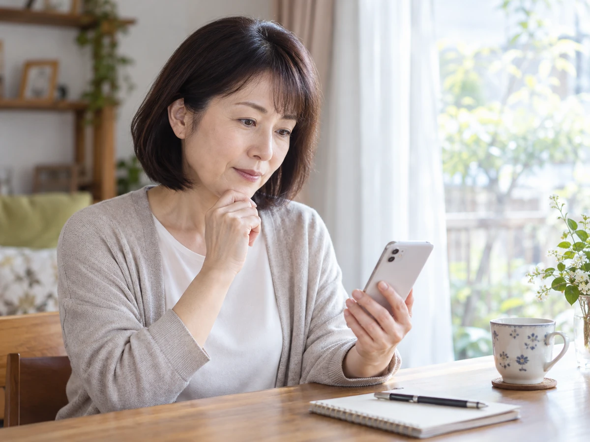 スマートフォンで相談先を確認する女性
