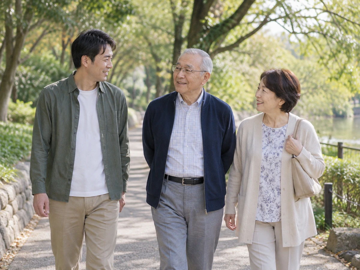 緑のある公園を家族と穏やかに歩く年配の男性