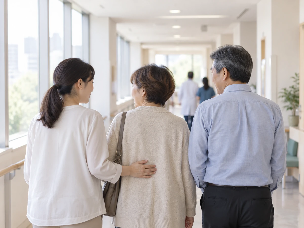 病院の明るい廊下を、女性が家族と医療者に付き添われて歩いている。