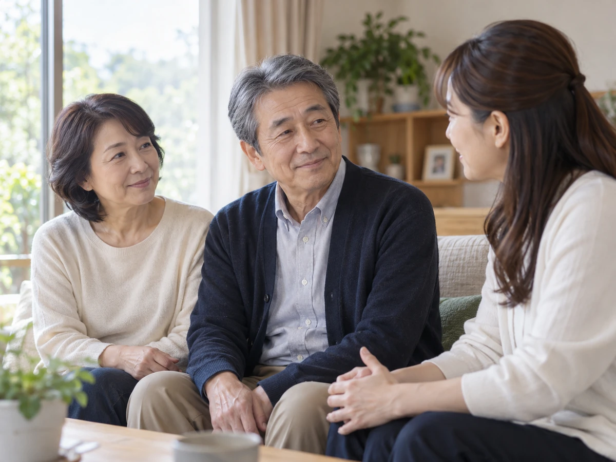 自宅のソファで年配の男性が妻と娘と落ち着いて話している様子