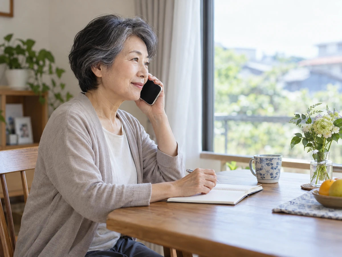 自宅でノートを開きながら電話で相談している高齢の女性のイメージ