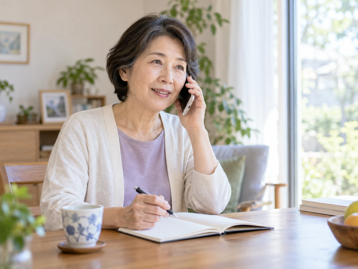 自宅でノートを開き、電話で相談する女性