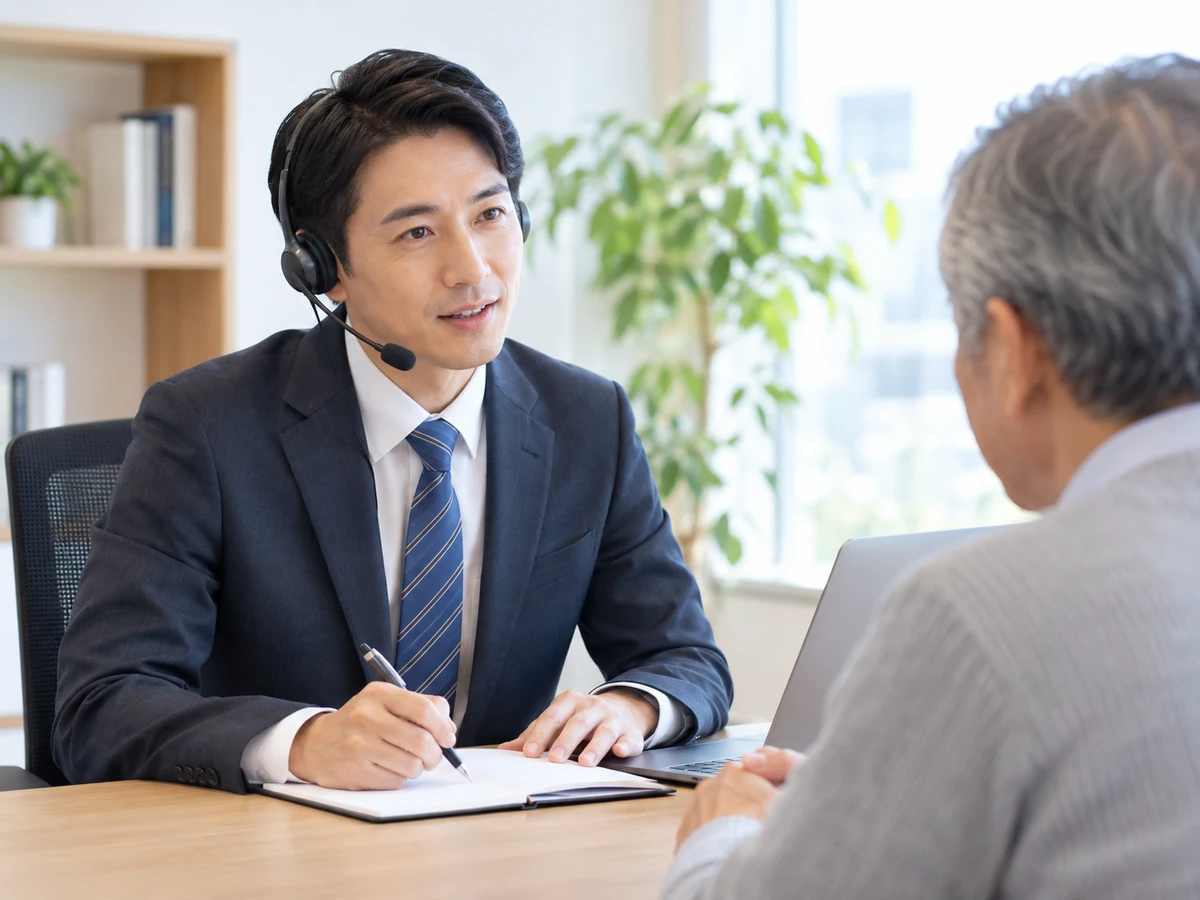 相談者の話を聞きながらメモを取る男性の相談スタッフ