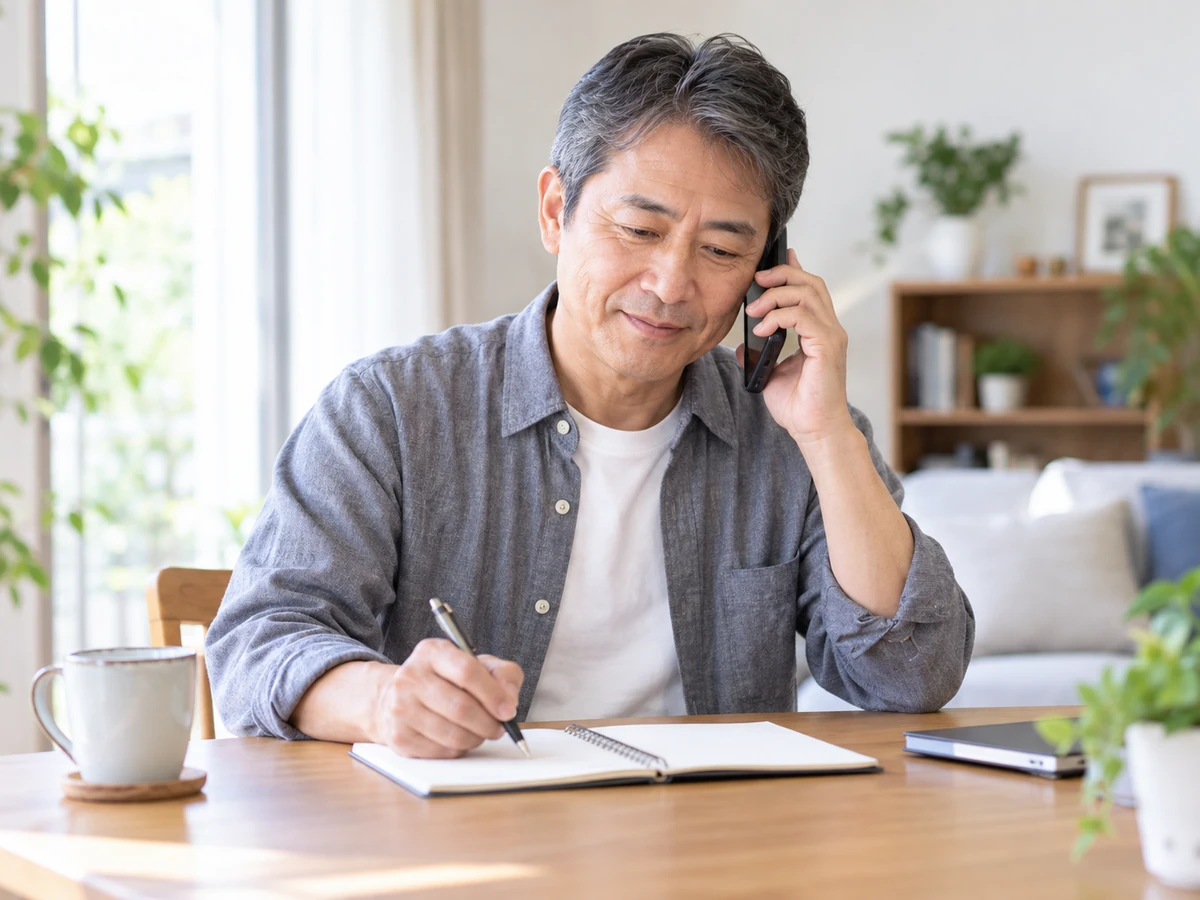 自宅で電話をかけ、ノートに内容を記す男性