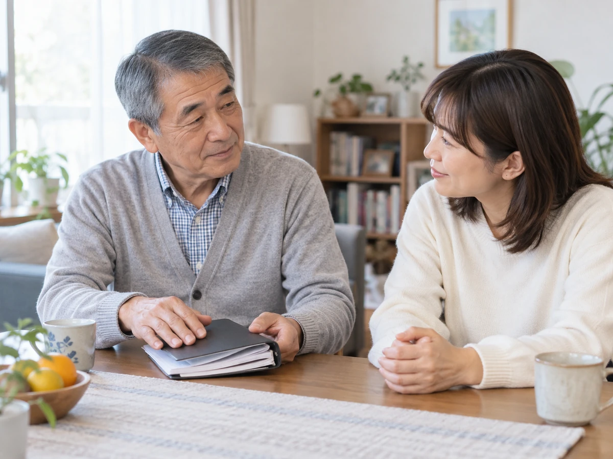 自宅のテーブルで手帳を前に話す父親と娘の写真