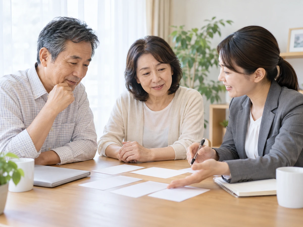 夫婦と相談員が机の上のカードを使いながら、相談内容を整理している。