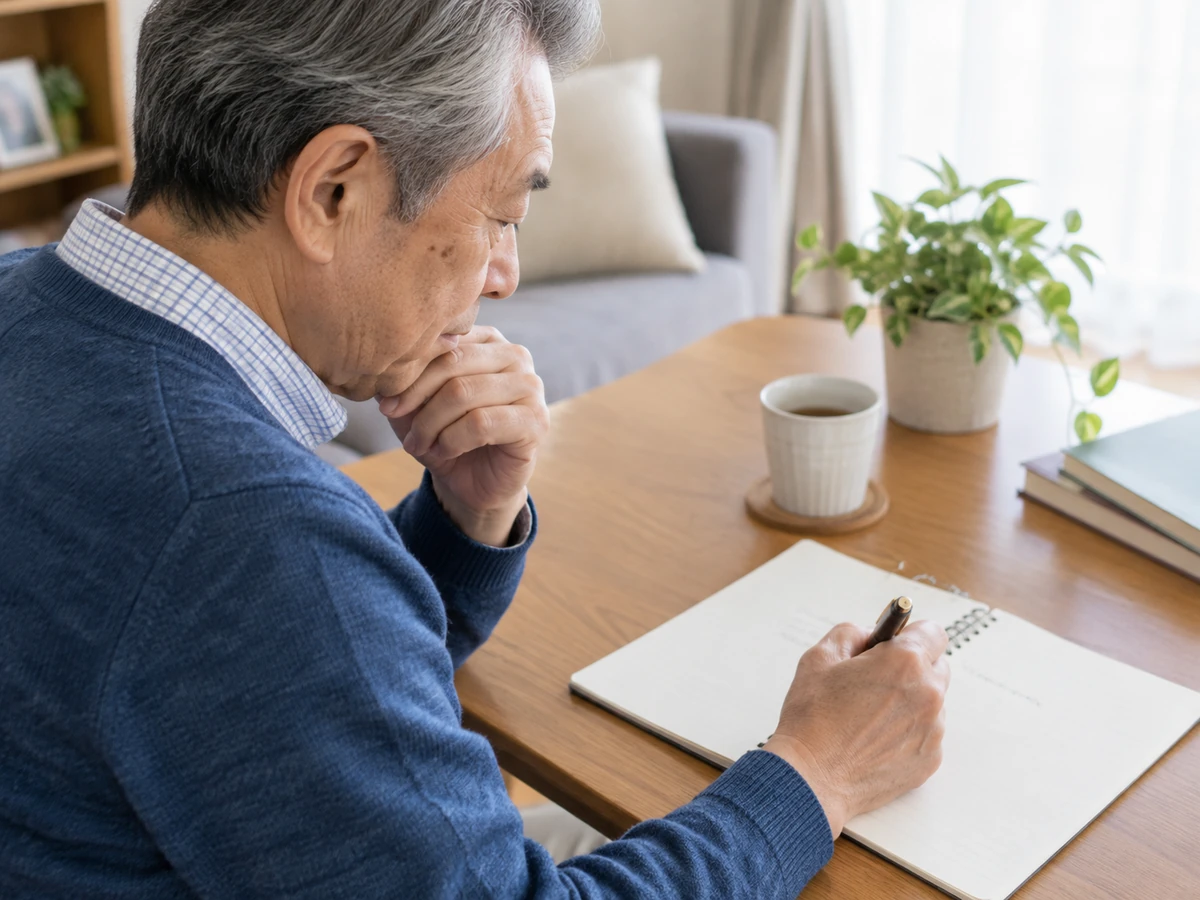 自宅で質問をノートに書き留める男性の写真