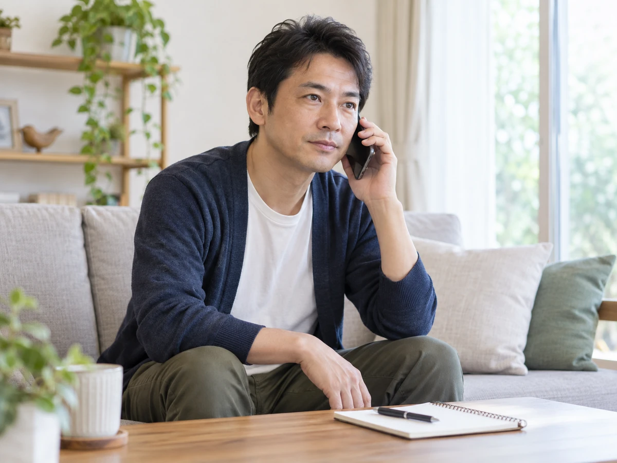 自宅のソファに座り、男性がスマートフォンで相談する様子