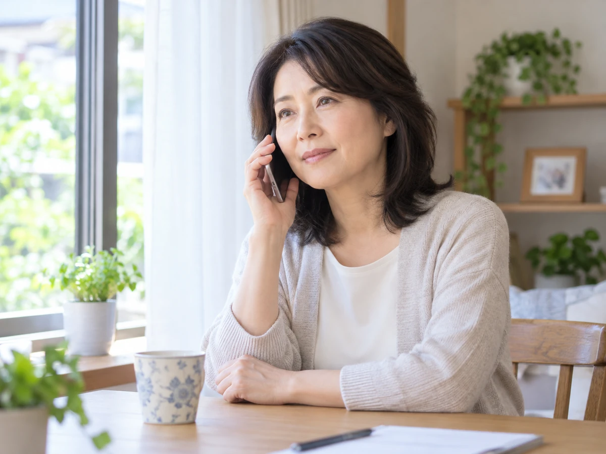 自宅で電話相談をする女性の写真
