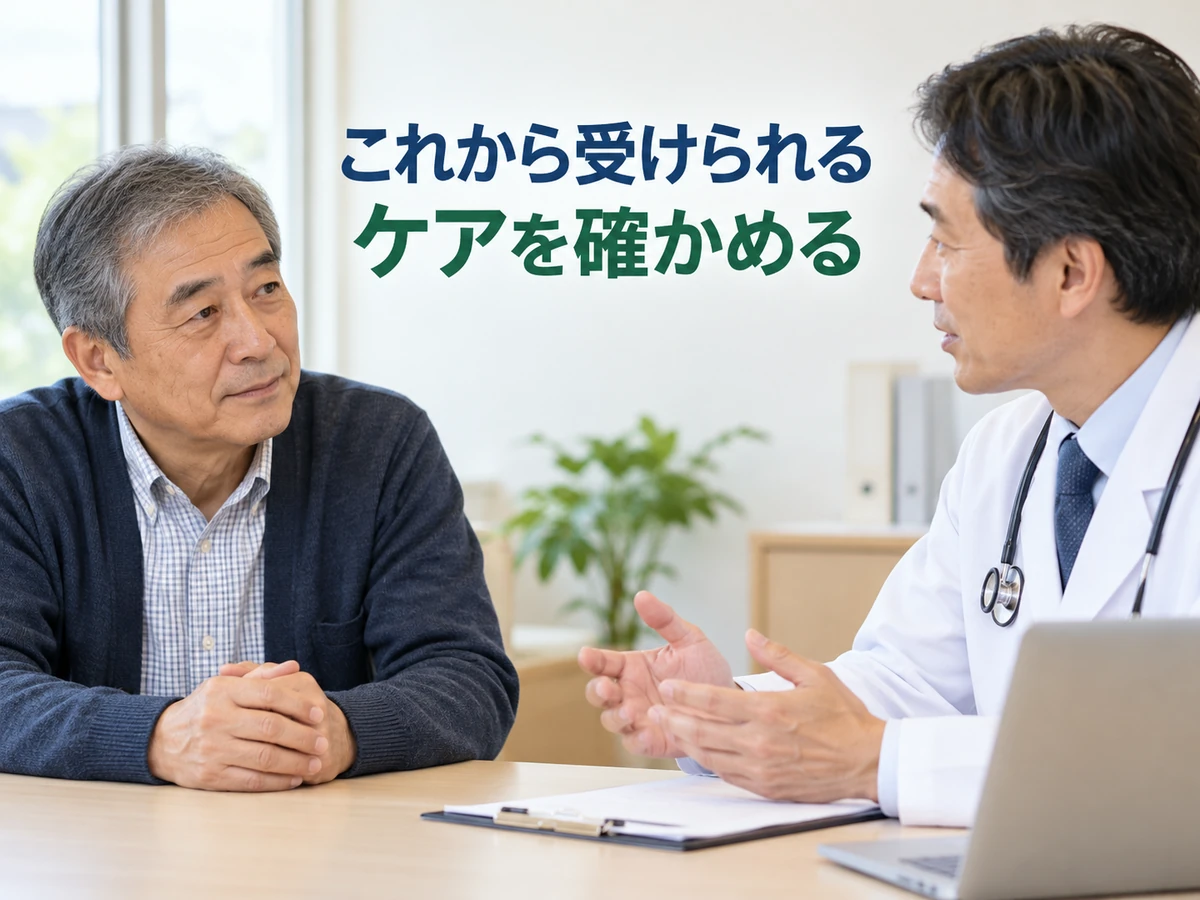 医師へ相談する男性と、これから受けられるケアを確かめることを伝える言葉