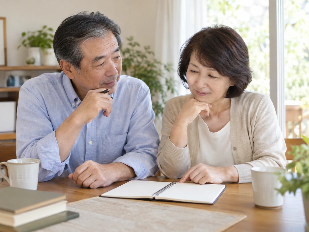 夫婦が自宅でノートを開き、内容を一緒に確認している。
