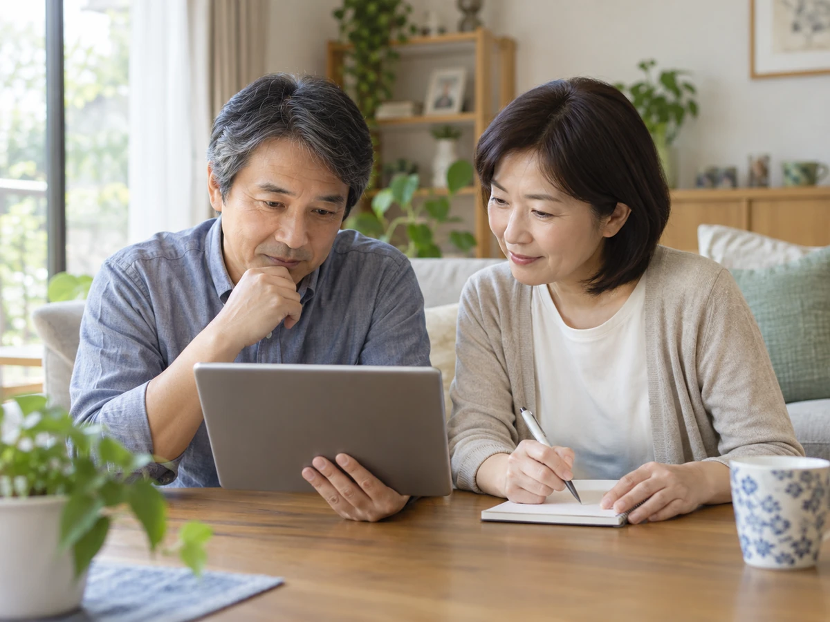 自宅でタブレットを見ながら、女性がノートを取る様子