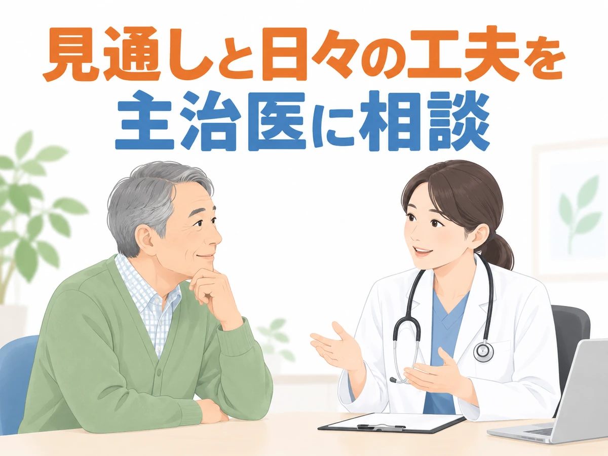 見通しと日々の工夫を主治医に相談という言葉を添えた、男性と医師のイラスト