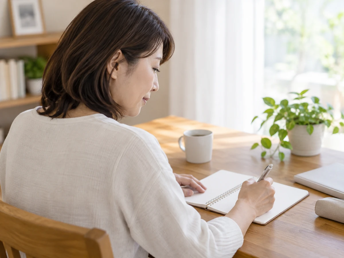 明るい部屋で相談したいことをノートに書き留める女性の写真