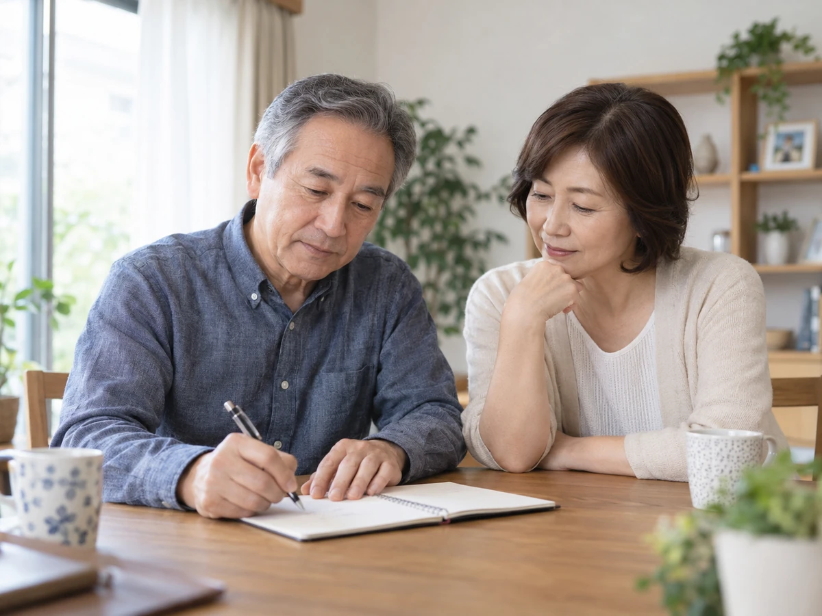 自宅で夫婦が医師へ聞きたいことをノートにまとめる場面