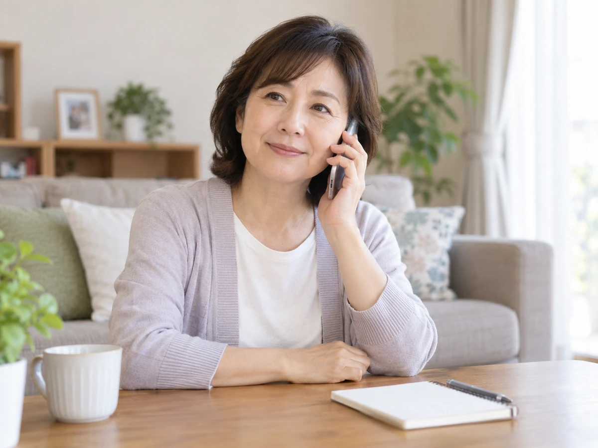 自宅で女性がスマートフォンを耳に当て、落ち着いて相談している。