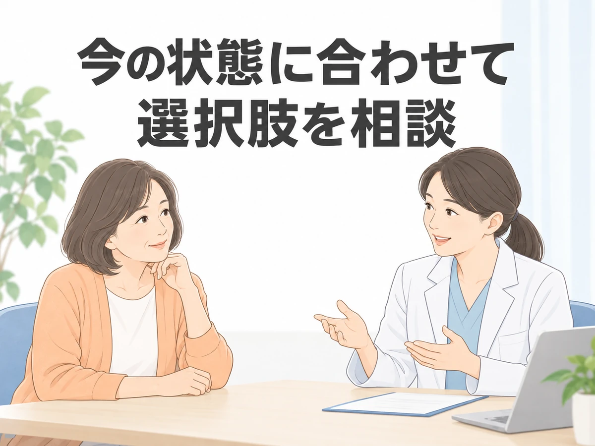 今の状態に合わせて選択肢を相談するという言葉を添えた、女性と医師のイラスト