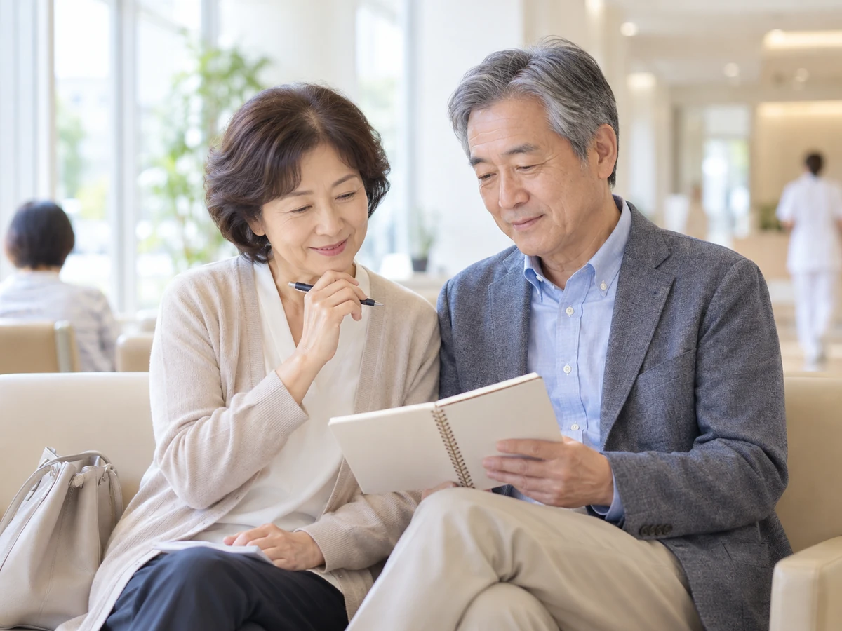 病院の待合スペースで夫婦がノートを一緒に確認している。
