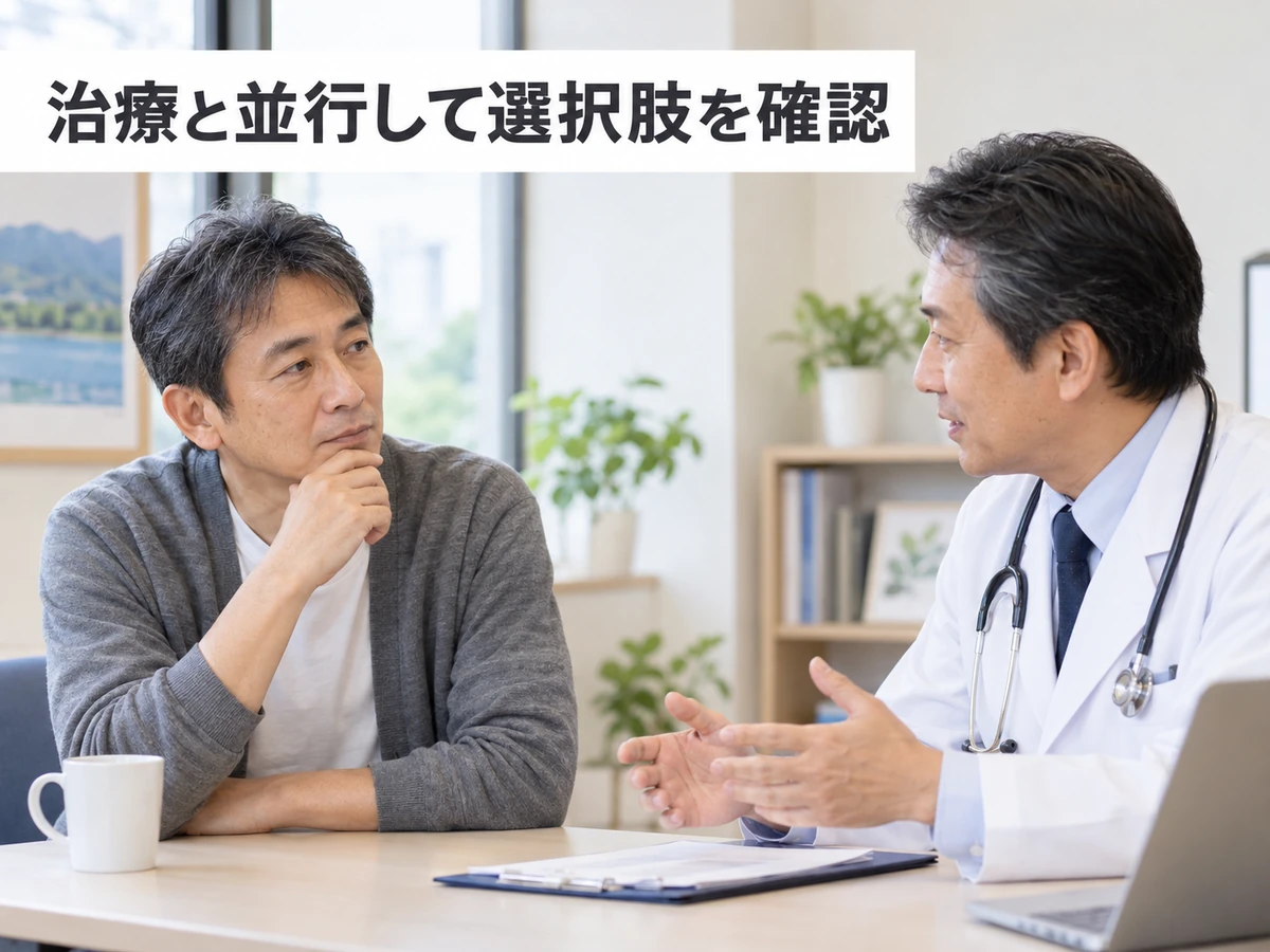 治療と並行して選択肢を確認という文字と、診察室で医師に相談する男性のイメージ