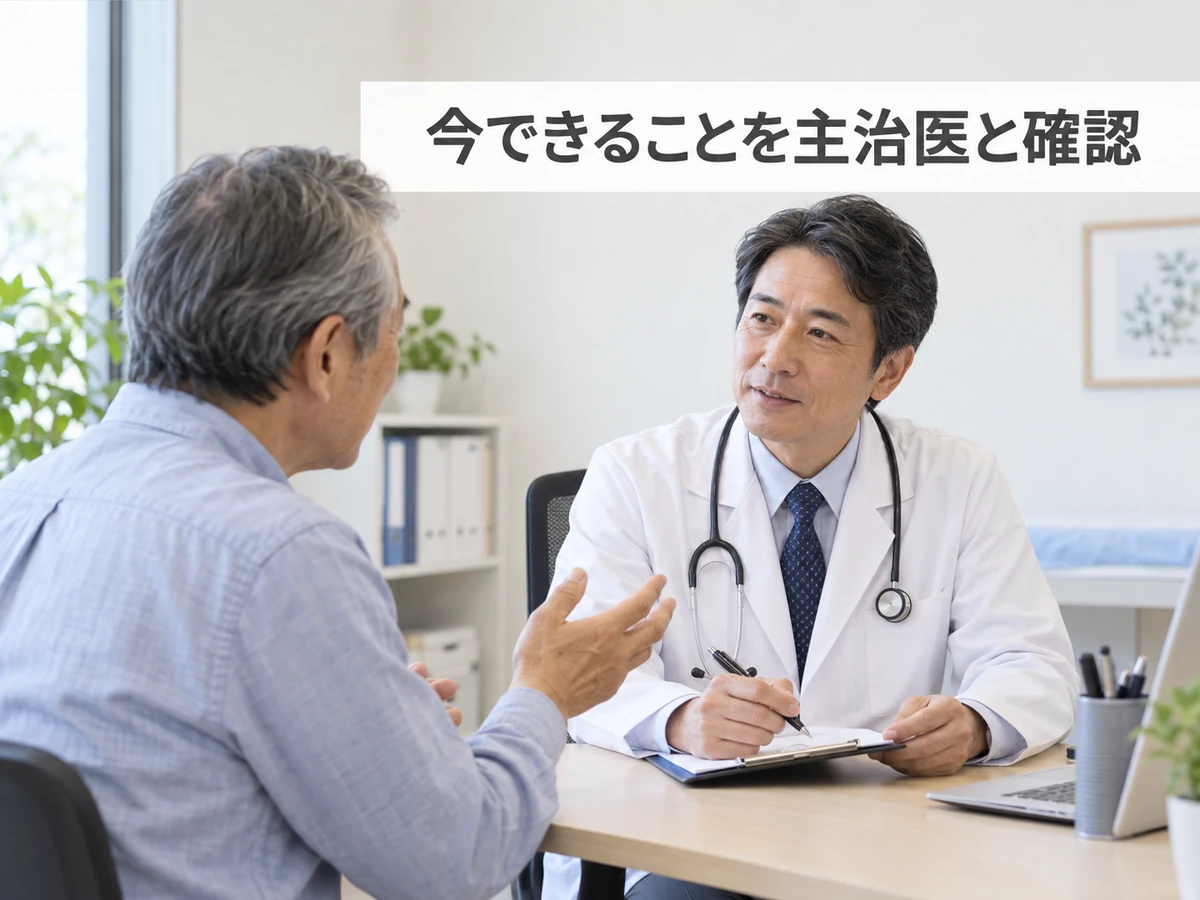 今できることを主治医と確認するため、医師に質問する高齢男性