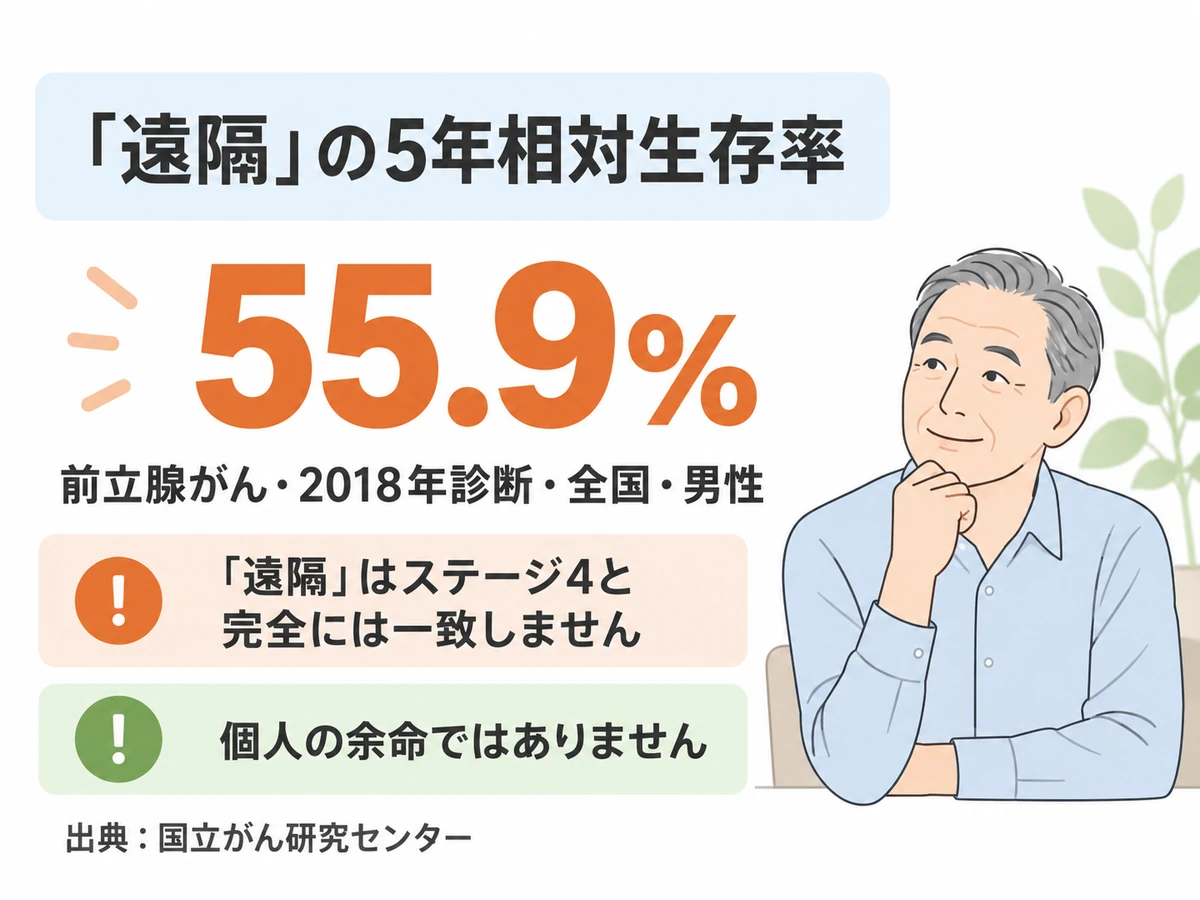 2018年診断の全国・男性の前立腺がんの進行度「遠隔」の5年相対生存率55.9%と、ステージ4とは完全には一致せず個人の余命ではないことを示す図解