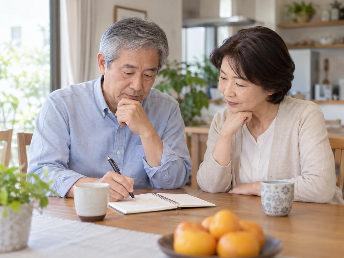 自宅で質問を手帳に書き留める夫婦の写真