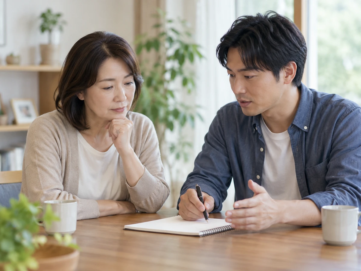 ノートを囲みながら相談したいことを整理している男女の様子