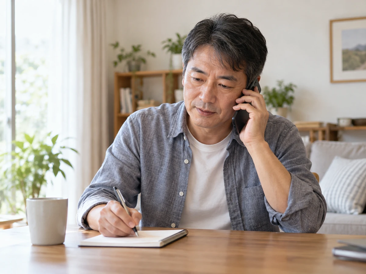 男性が自宅で電話をしながら、手帳に書き留めている。