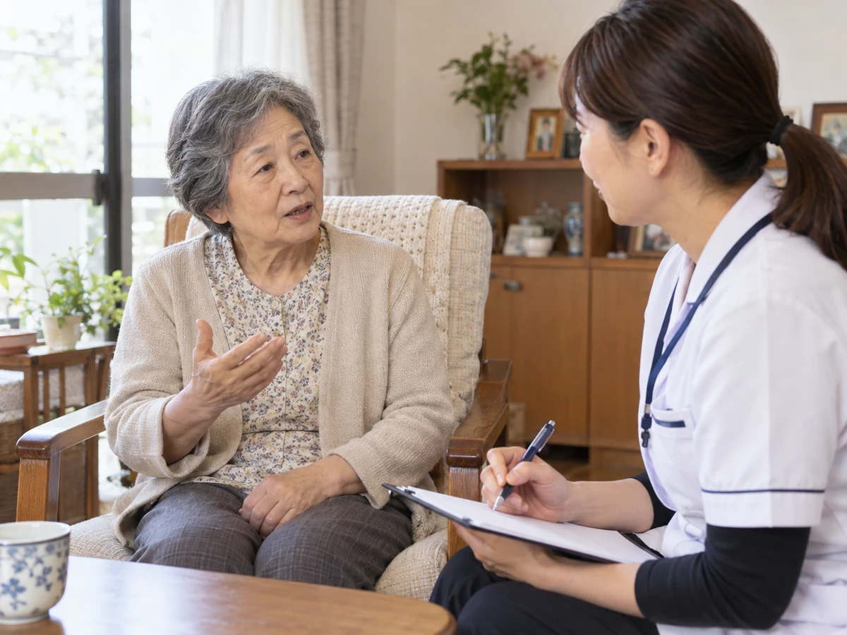 自宅で高齢の女性が体調の変化を訪問看護師に伝えているイメージ