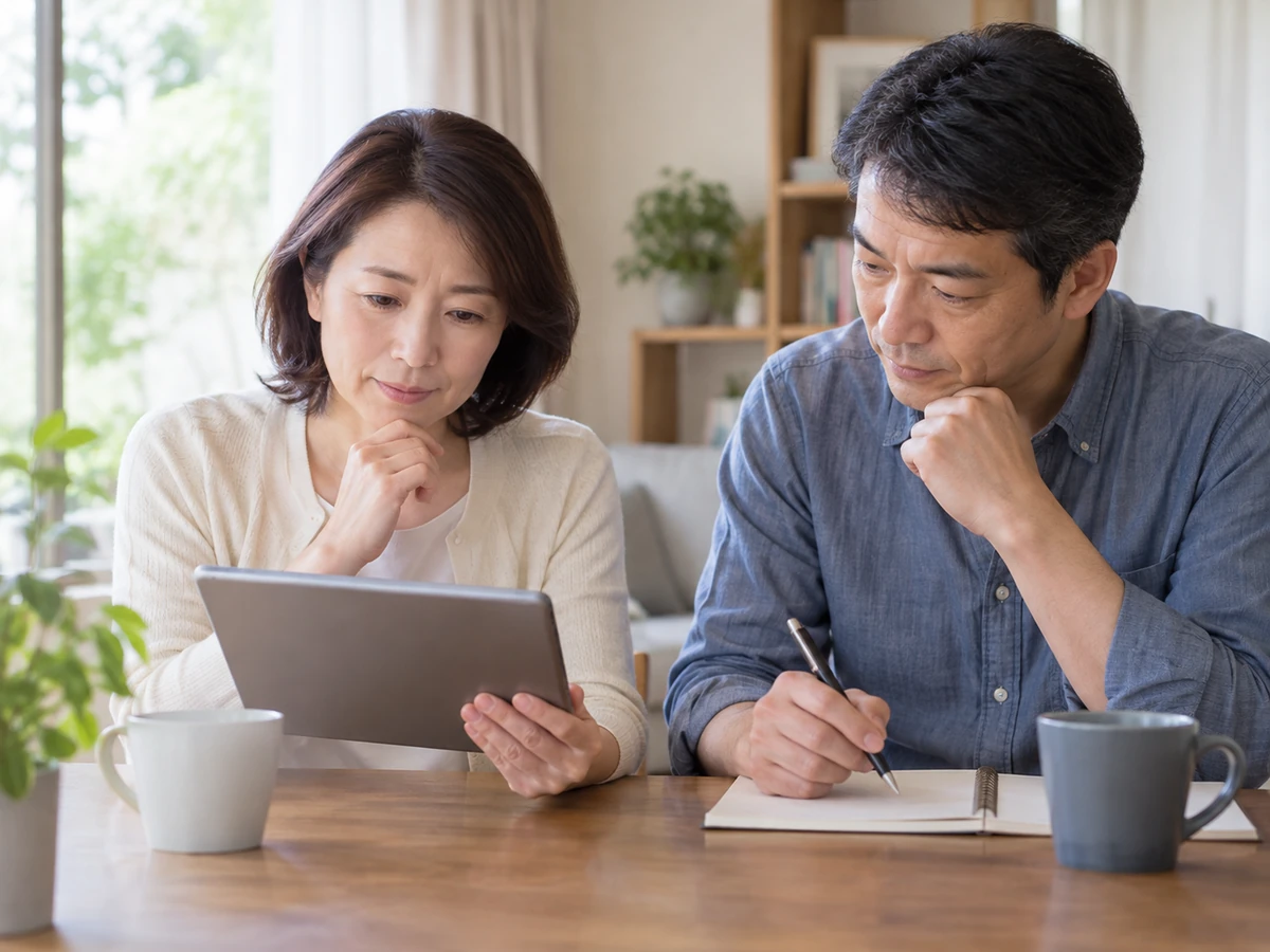 夫婦がタブレットを確認しながら、ノートに情報を整理している。