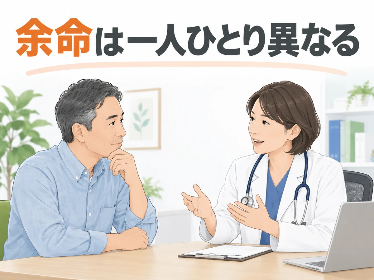 医師と男性患者が話し合い、「余命は一人ひとり異なる」と伝えるイラスト