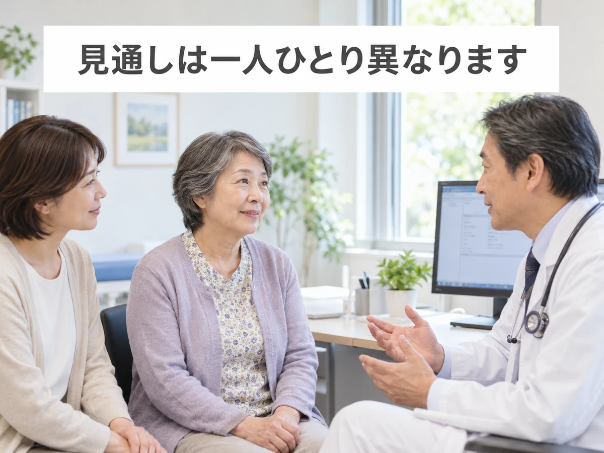 見通しは一人ひとり異なることを家族と一緒に医師へ確認する高齢女性