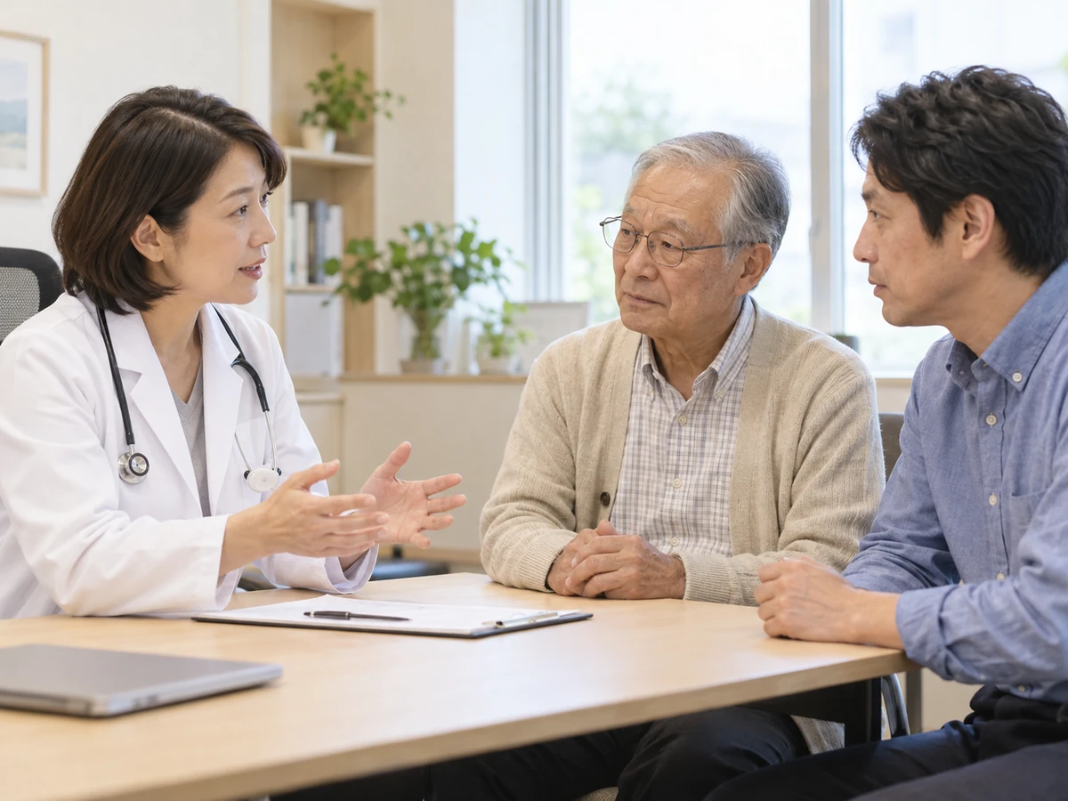 骨転移がある場合の治療について息子とともに医師へ相談する年配の男性