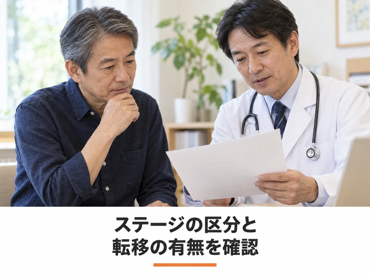 ステージの区分と転移の有無を医師と確認する男性のイメージ