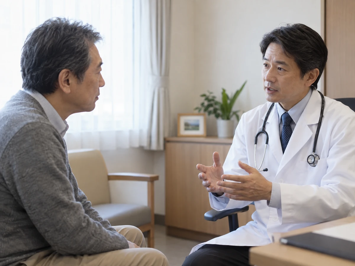 診察室で治療の見通しについて医師と話す男性の写真