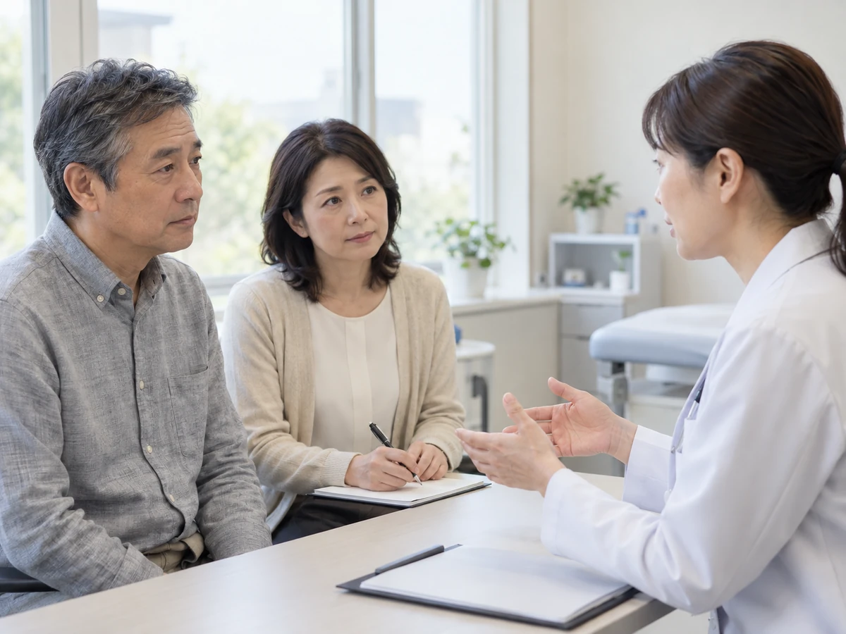 男性と女性がノートを用意し、診察室で女性医師の説明を聞く様子
