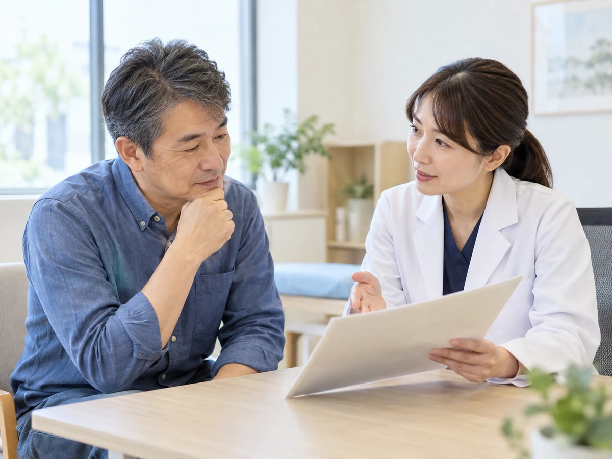 資料を見ながら医師に治療の見通しを相談する男性