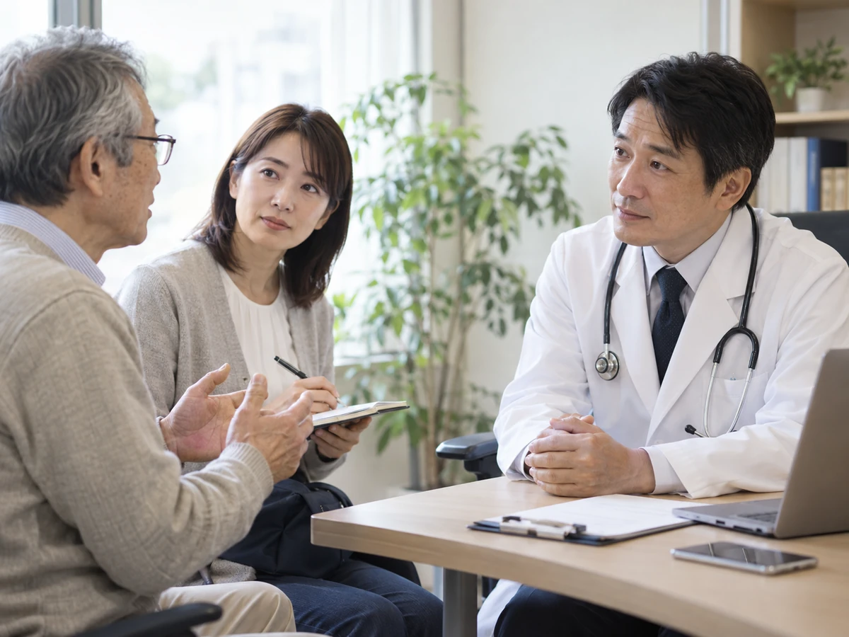 男性と家族が医師に膀胱がんの転移について質問しているイメージ