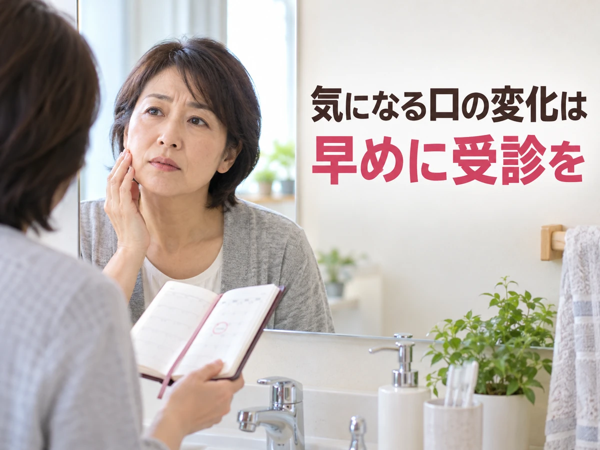 鏡で口元の変化を確認する女性と、気になる変化は早めの受診を促す言葉