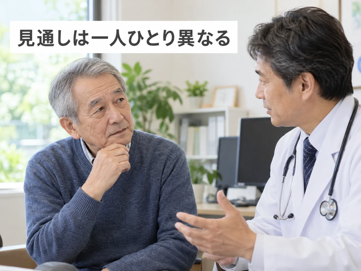 見通しは一人ひとり異なるという言葉とともに医師と話す高齢男性の写真