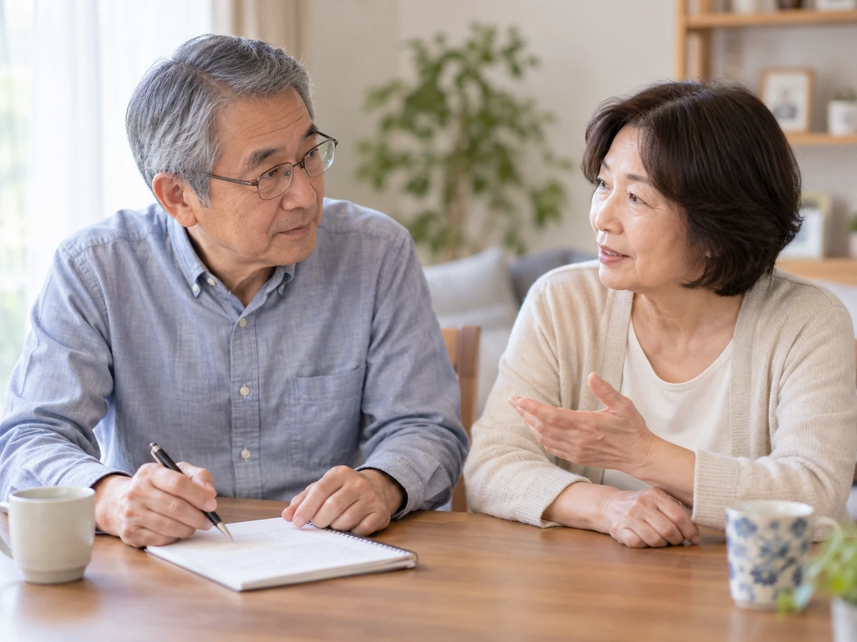 夫婦が自宅で話し合い、男性がノートに質問を書き留めている。