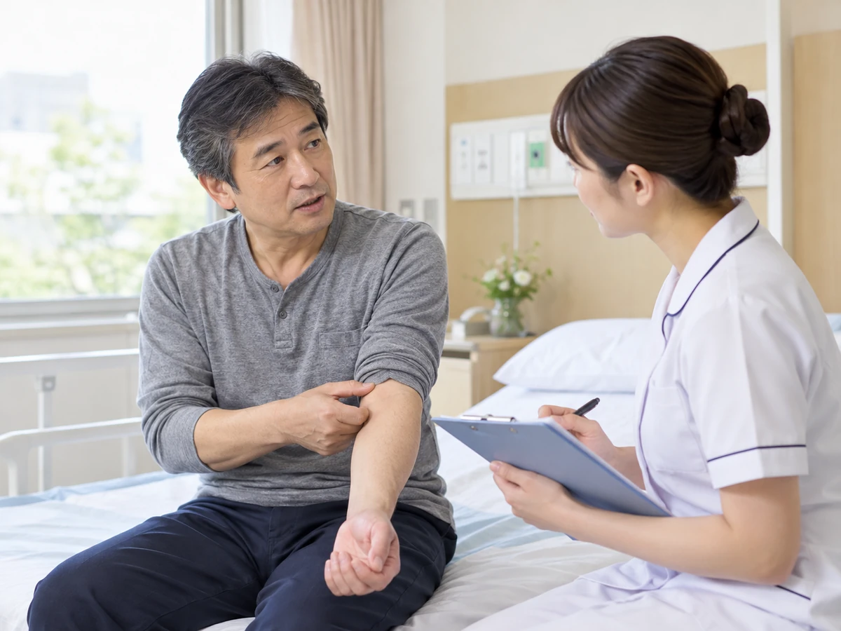 診察室で腕の気になるところを看護師に伝える男性のイメージ