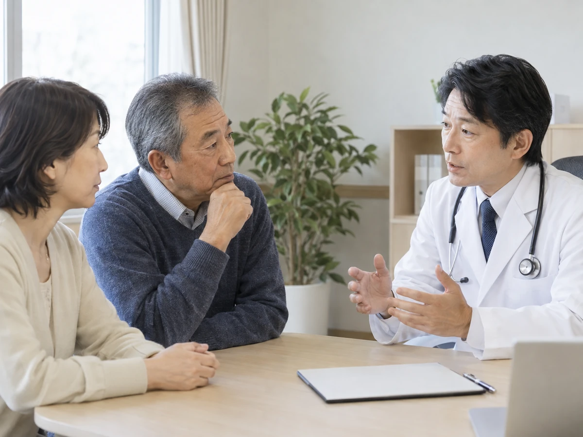 医師から説明を受け、質問を伝える高齢の男性と妻